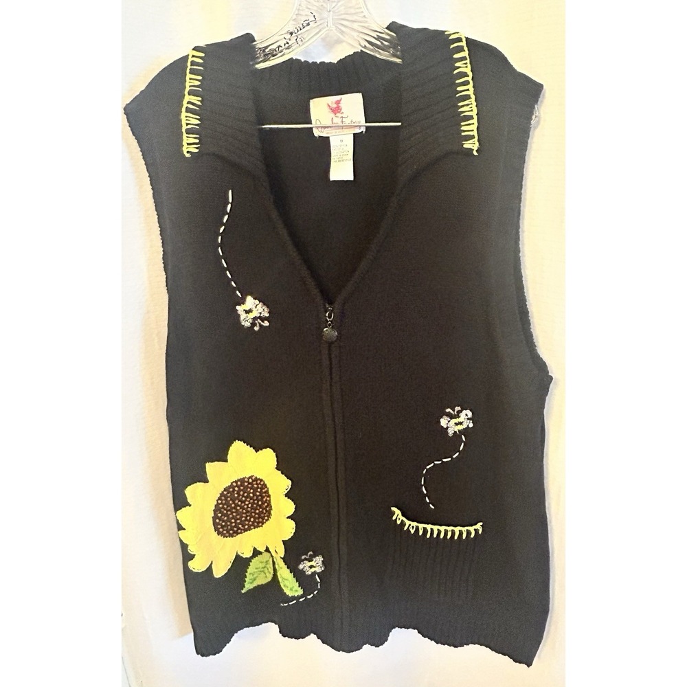 Quacker Factory Sweater Vest 1X Button Up Sunflower Bees Embroidered Grandmacore